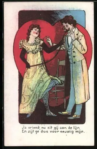 AK Frau nimmt einen Mann an die Leine