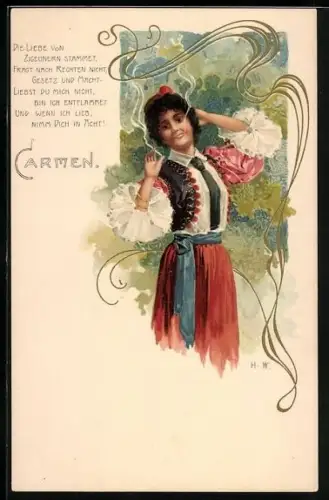Lithographie Szene aus der Oper Carmen, Sinti und Roma / Zigeuner, Jugendstil