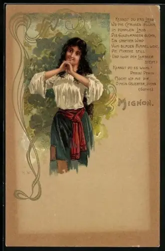 AK Mignon, junges Mädchen in Tracht, Jugendstil