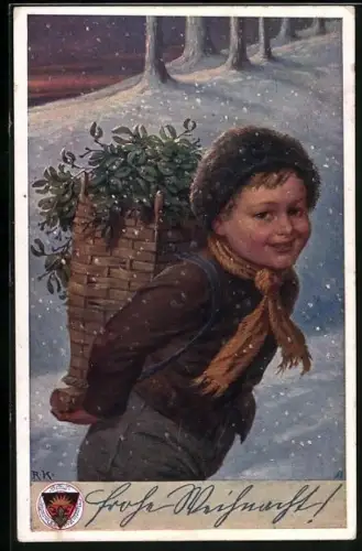 Künstler-AK Deutscher Schulverein Nr. 737: Junge trägt Misteln in seinem Korb, Weihnachtsgruss