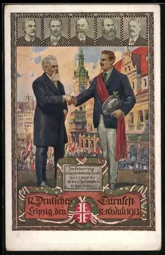 Künstler-AK Leipzig, 12. Deutsches Turnfest 1913, Männer reichen sich die Hand