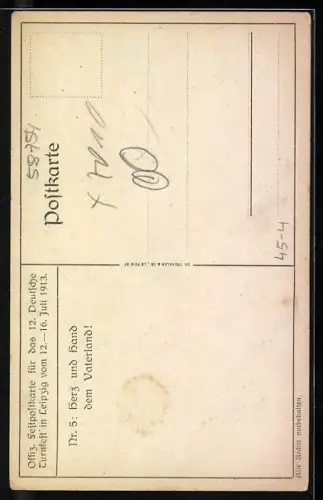Künstler-AK Leipzig, 12. Deutsches Turnfest 1913, Männer reichen sich die Hand
