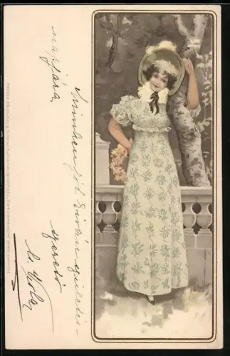 Künstler-AK Meissner & Buch (M&B) Nr.1053: Die 4 Jahreszeiten, Frau mit Hut an der Birke