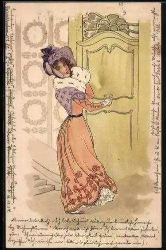 AK Frau mit Hut an der Treppe