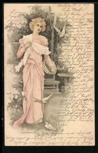 Lithographie Im Lenze des Lebens, Dame füttert Tauben