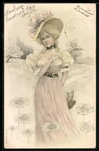 AK Dame sammelt Kleeblätter, Jugendstil
