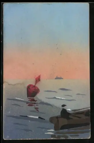 Künstler-AK Handgemalt: Mann auf einem Ruderboot im Meer, Boje, Schablonenmalerei