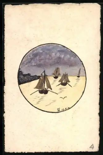 Künstler-AK Handgemalt: Seeblick mit Fischerbooten in der Dämmerung