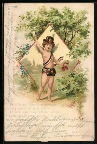 Künstler-AK Amor mit Hut und Trompete geht durch Wald