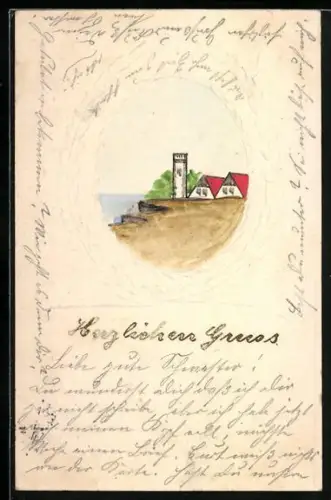 Papierkunst-AK Häuser und Turm am Wasser
