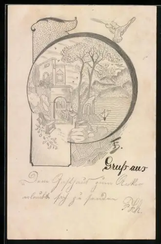 Künstler-AK Handgemalt: Häuser an einer Klippe mit Seeblick