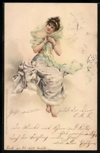 AK Junge Dame mit Tuch und schönem Kleid im Jugendstil