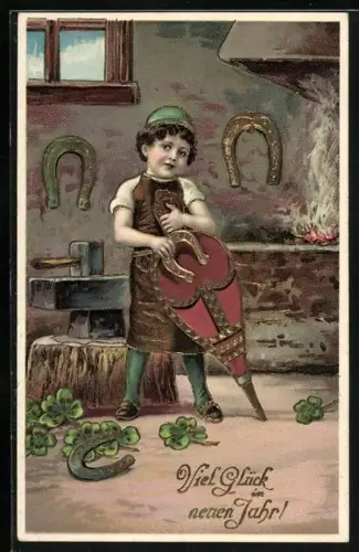 AK Kleiner Schmied mit einem Hufeisen, Neujahrsgruss