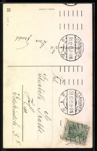 AK Kleiner Schmied mit einem Hufeisen, Neujahrsgruss