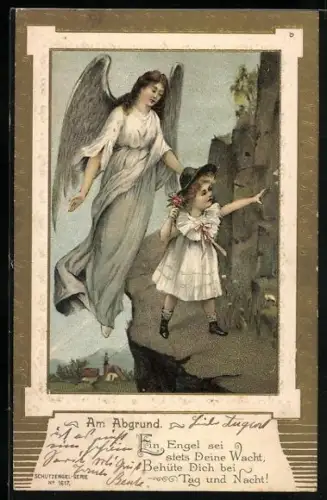 Lithographie Schutzengel behütet ein Mädchen am Abgrund