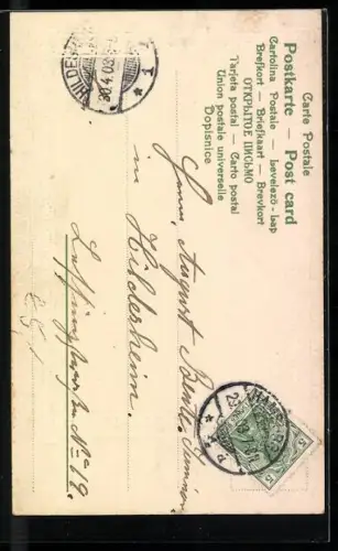 Lithographie Schutzengel behütet ein Mädchen am Abgrund