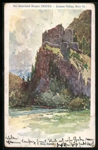 Künstler-Lithographie Franz Kopallik: Der Steiermark Burgen, Burg Katsch