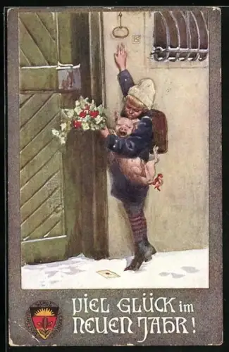 AK Deutscher Schulverein Nr. 24: Wien, Junge mit Glücksdevotionalien an der Haustür, Neujahresgruss