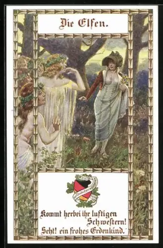 Künstler-AK Franz Kuderna: Spaziergängerin begegnet Elfen im Wald