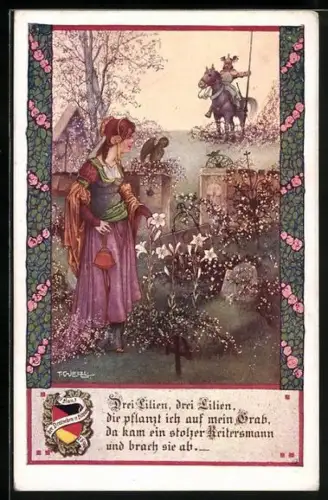 Künstler-AK T. Welzl: Bund der Deutschen in Böhmen, Drei Lilien, Dame auf Friedhof entdeckt Ritter