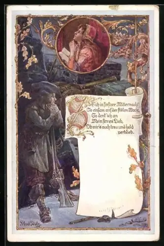 Künstler-AK Rud. Dutz: Musketier hält Wache an der Kanone und denkt an seine Liebste