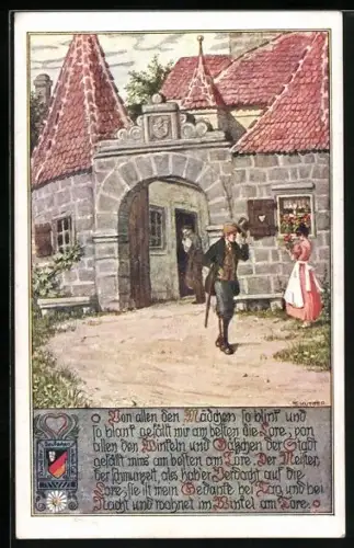 Künstler-AK Ernst Kutzer: Mann zieht den Hut vor der Frau am Fenster