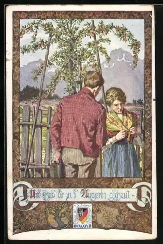 Künstler-AK Ernst Kutzer: Paar am Gartenzaun, Frau schaut verlegen auf ihr Halstuch