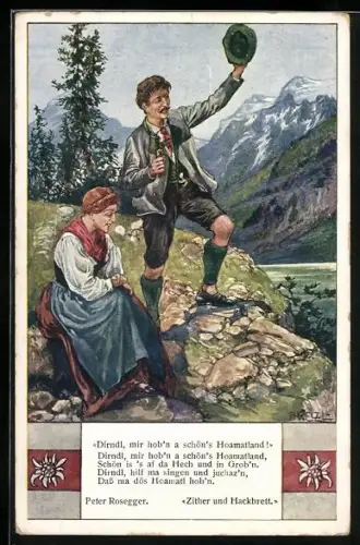 Künstler-AK T.Welzl: Liebespaar in Tracht im Gebirge, Edelweiss