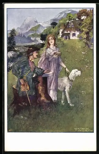 Künstler-AK T.Welzl: Ausflug und Rast des Paares mit Hund