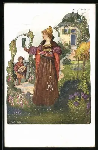 Künstler-AK T.Welzl: Drei Schlüssel, R. Baumbach, Frau im Garten mit drei Schlüsseln