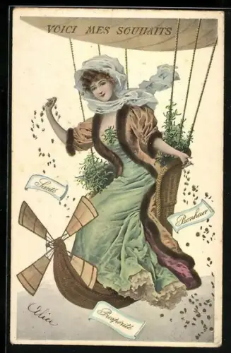 AK Voici Mes Souhaits, junge Dame sitzt in der Gondel eines Zeppelins und streut Geldstücke aus