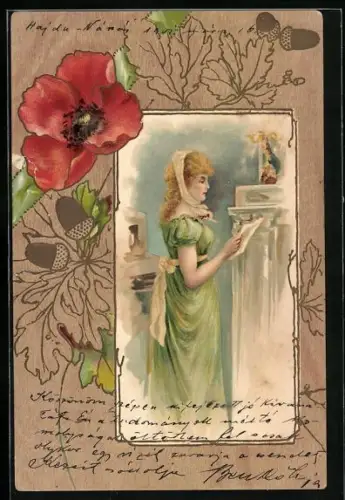 Holzbrand-Imitations-AK Frau im grünen Kleid liest einen Brief, Mohnblüte, Eicheln