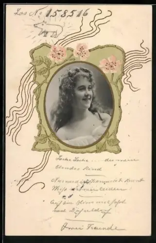 AK Junge Frau mit langen Haaren, Blumen im Jugendstil, Passepartout