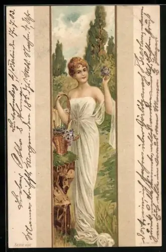 AK Frau im weissen Gewand und lilanem Flieder in einem Korb, Jugendstil