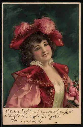 Lithographie Mädchen mit rotem Hut und Rosen, Jugendstil
