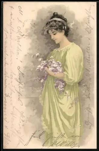 AK Fräulein im Kleid mit Blumen, Jugendstil