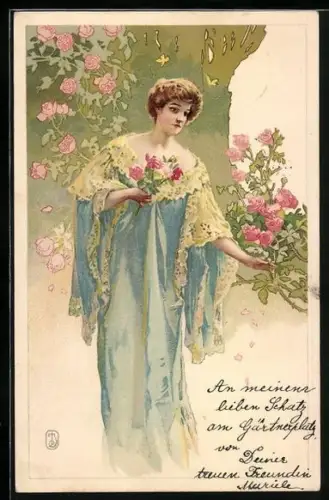 AK junge Frau im Kleid pflückt Rosen