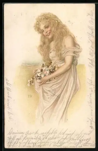AK Schönes Frauenzimmer trägt Blumen im Kleid, Jugendstil
