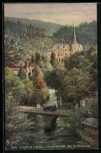 Künstler-AK Bad Landeck, Sanatorium Dr. Herrmann und Brücke