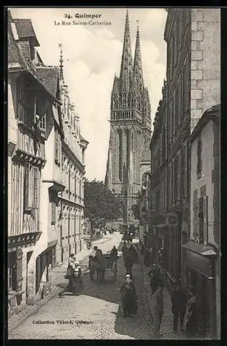 AK Quimper, La rue Sainte-Catherine, Pferdegespann