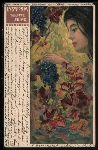 Künstler-AK Dame pflückt Weintrauben, Reklame für Seife der Firma Lysoform, Jugendstil