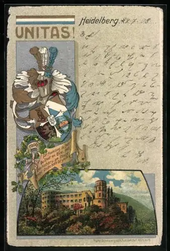 Lithographie Heidelberg, Blick auf die Burg, Studentenwappen, Unitas!