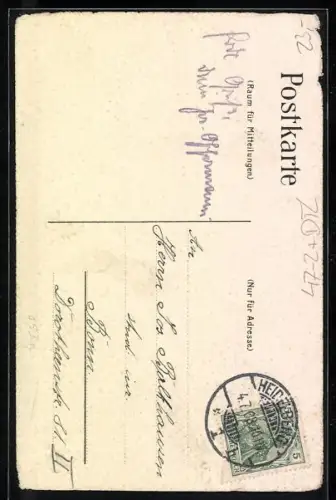 Lithographie Heidelberg, Blick auf die Burg, Studentenwappen, Unitas!