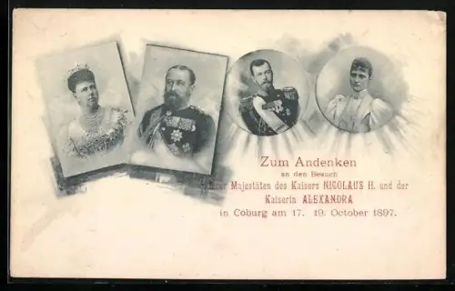 AK Coburg, Besuch von Zar Nikolaus II. von Russland und seiner Frau Alexandra 1897, Porträts