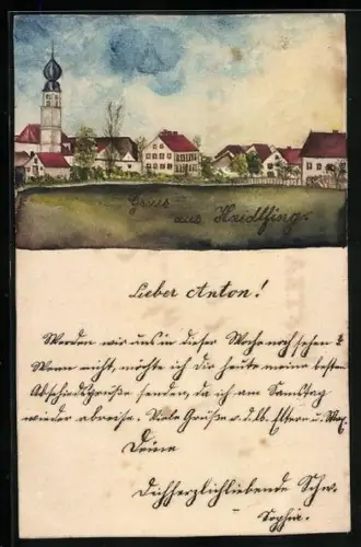 Künstler-AK Handgemalt: Haidlfing, Ortspartie mit Kirche unter blauem Himmel