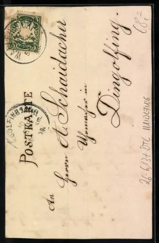 Künstler-AK Handgemalt: Haidlfing, Ortspartie mit Kirche unter blauem Himmel