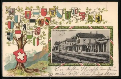 Präge-AK St. Margrethen, Bahnhof, Passepartout mit Wappen