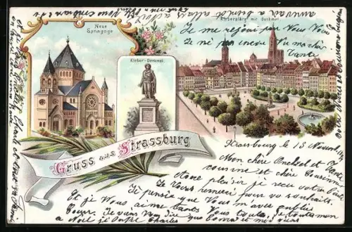 Lithographie Strassburg, Neue Synagoge, Kleber Denkmal und Kleberplatz