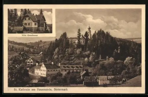 AK St. Kathrein am Hauenstein, Villa Gesslbauer, Gesamtansicht mit Kirche