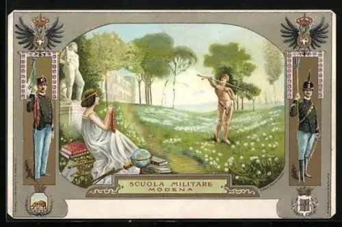 Lithographie Modena, Scuola Militare, Soldaten in Uniform, Wappen
